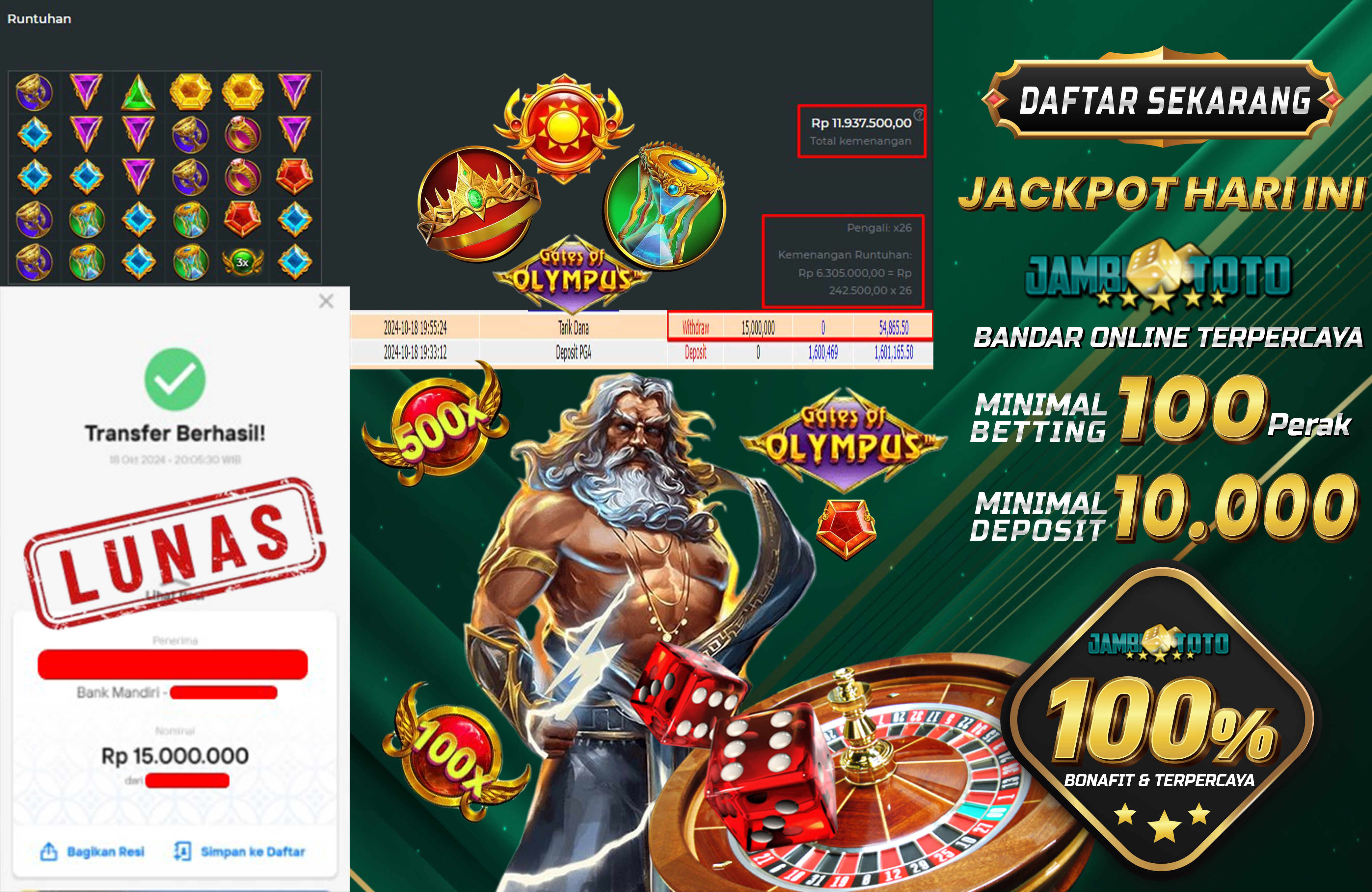 JAMBITOTO JACKPOT SLOT PRAGMATIC PLAY GATES OF OLYMPUS Rp. 15.000.000,- LUNAS